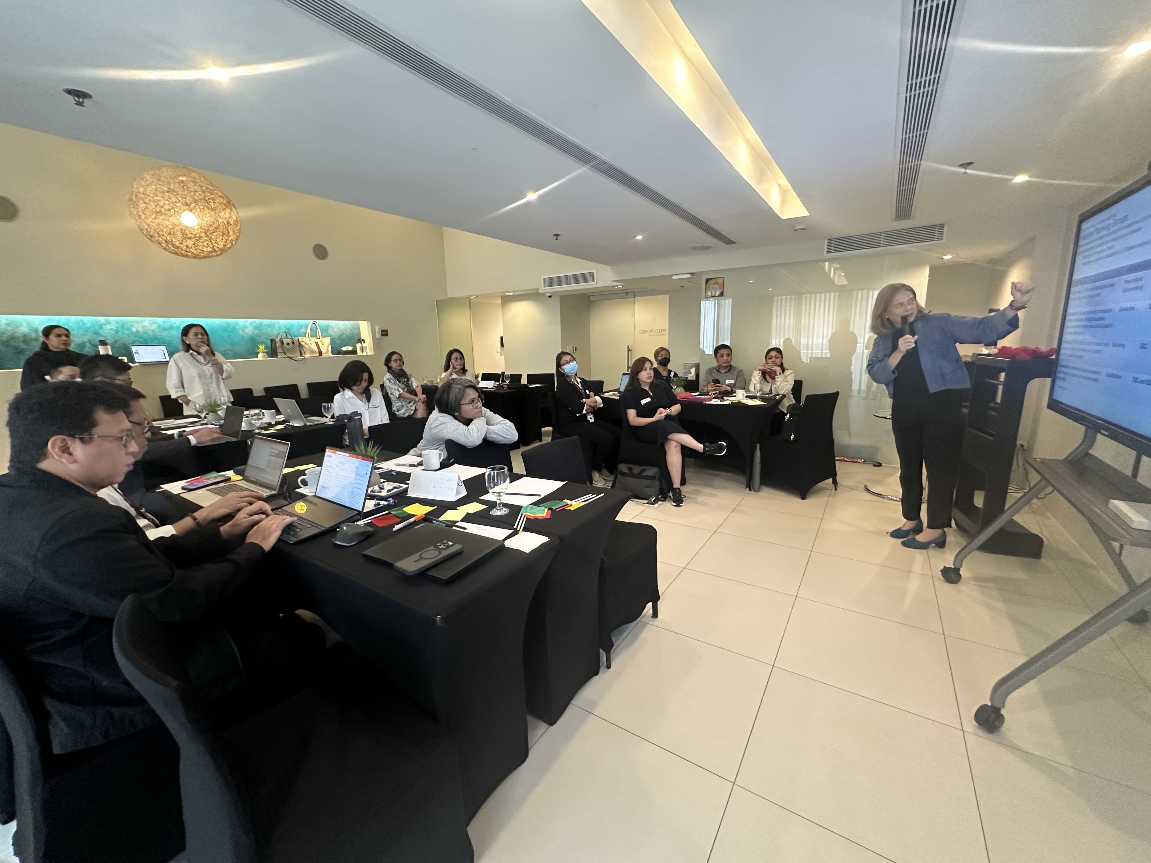 Facilitator with microphone presents to seated professionals at a workshop in a conference room