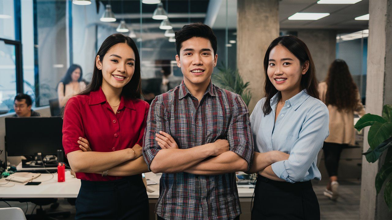 Three young professionals standing confidently with arms crossed in an office