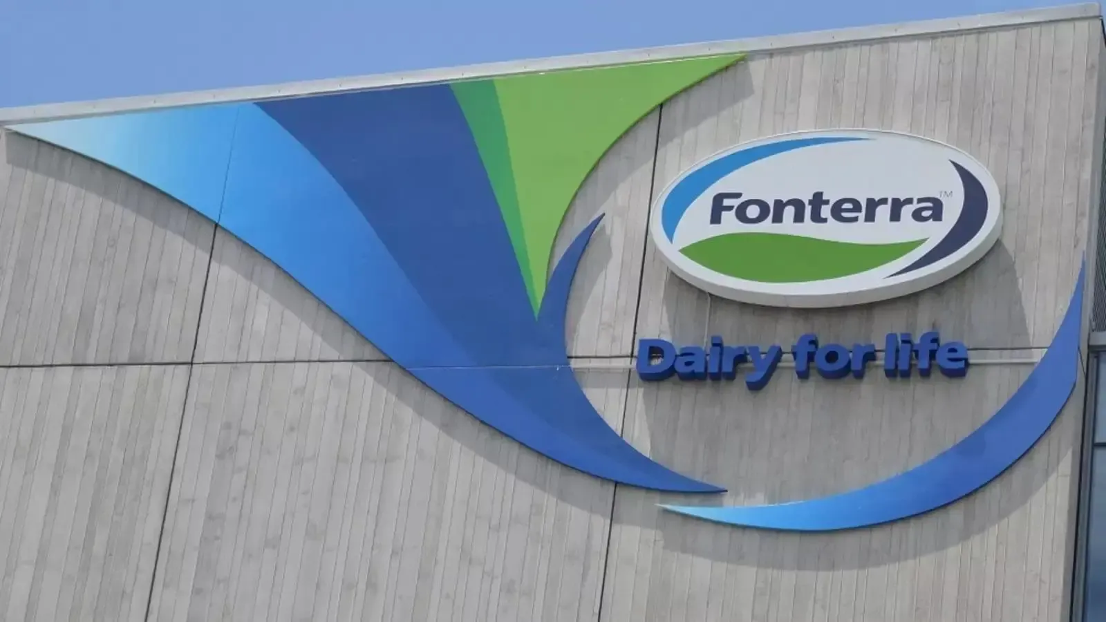 Fonterra "Dairy for Life" logo displayed on a building exterior wall