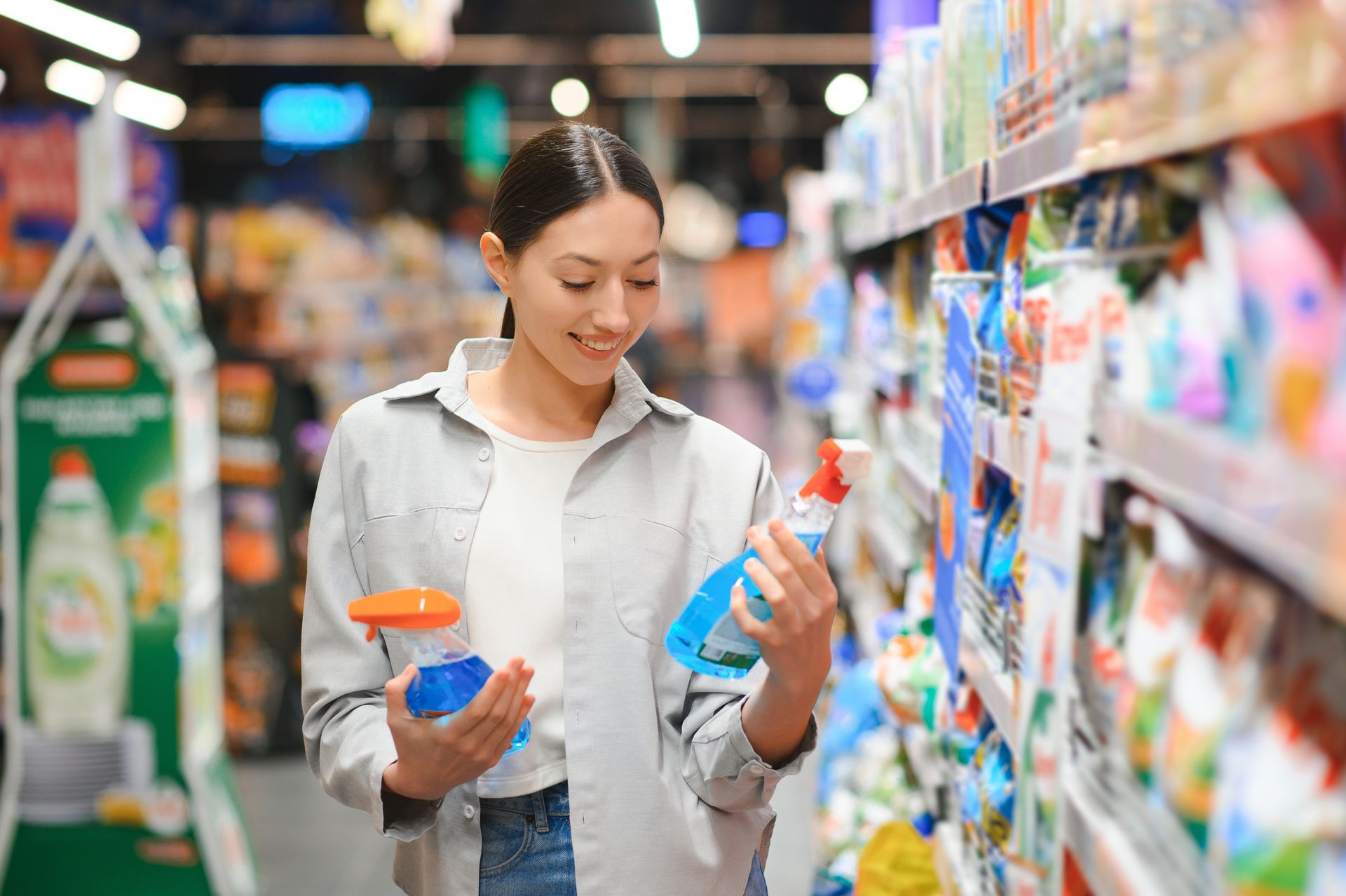 Woman comparing two cleaning product bottles in a supermarket aisle