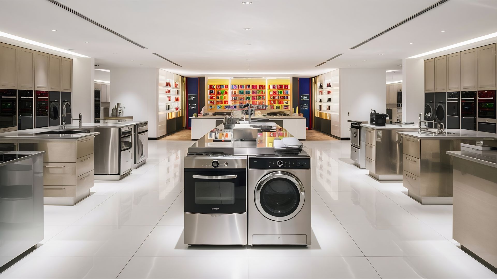 Showroom floor displaying washing machines and home appliances