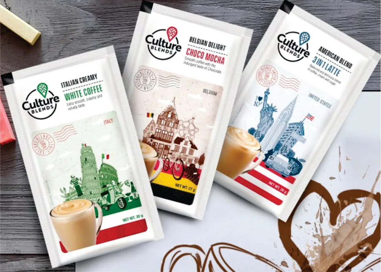 Display of Culture Brew coffee packs with a red bus and mug