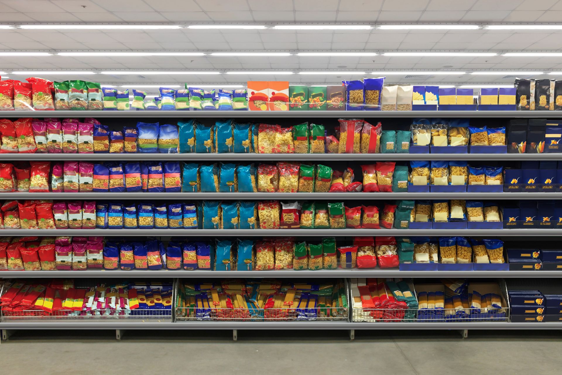 Fully stocked supermarket shelves of packaged snacks