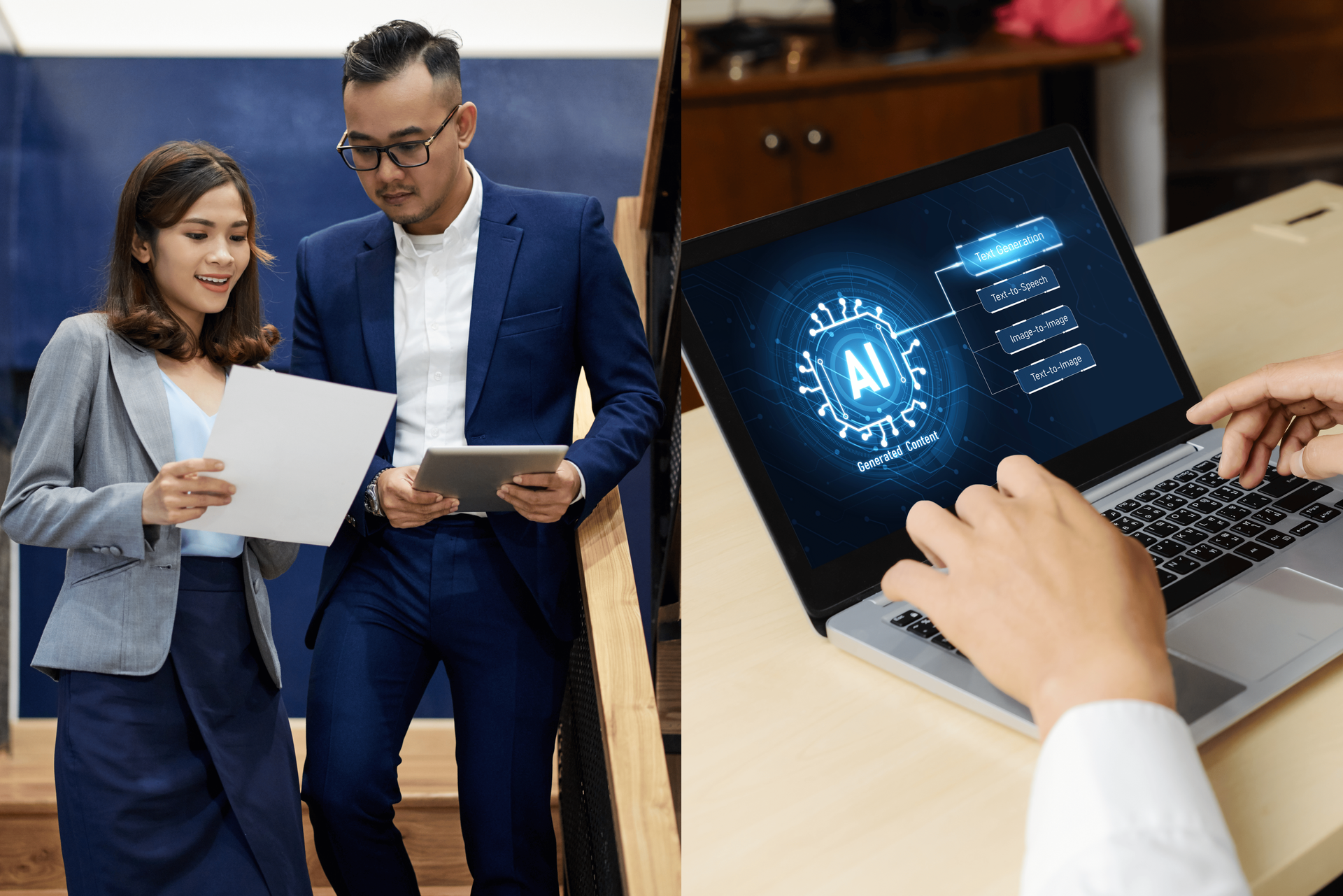 Two consultants reviewing papers beside a laptop showing an AI interface
