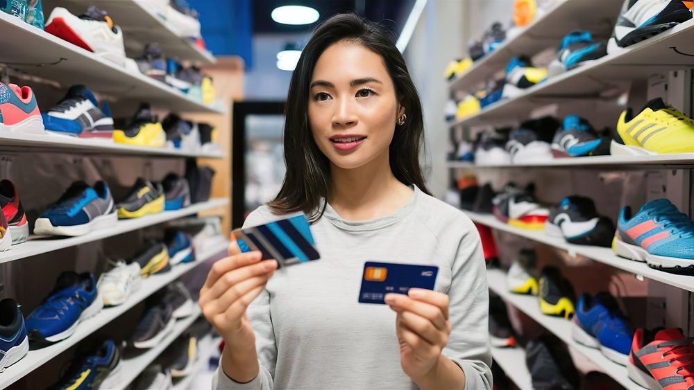 Woman holding a payment card in a shoe store aisle